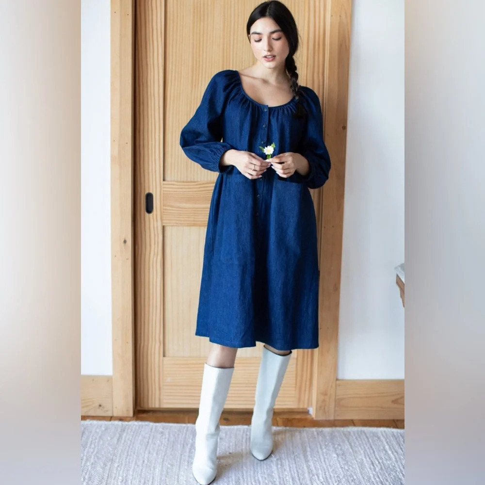 Emerson Fry Denim Market Dress Indigo Blue Hemp Organic Button